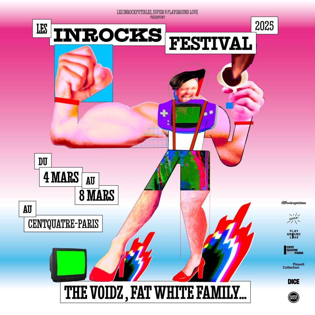 Affiche des Inrocks Festival édition 2025 représentant un montage photo d'un homme portant un béret avec une tasse de café, habillé d'une salopette et de talons hauts rouges