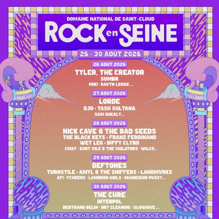 Visuel carré aux couleurs mauves et oranges indiquant les 12 nouveaux noms d'artistes présents au festival Rock en Seine 2026