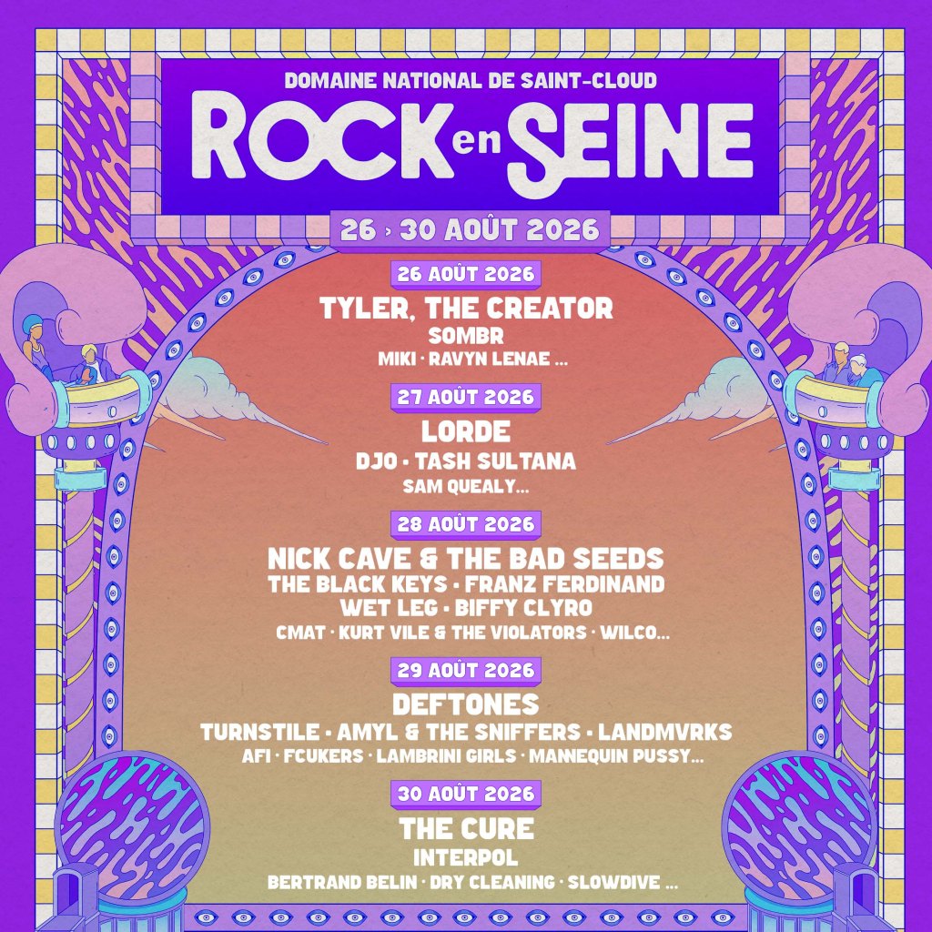 Visuel carré aux couleurs mauves et oranges indiquant les 12 nouveaux noms d'artistes présents au festival Rock en Seine 2026
