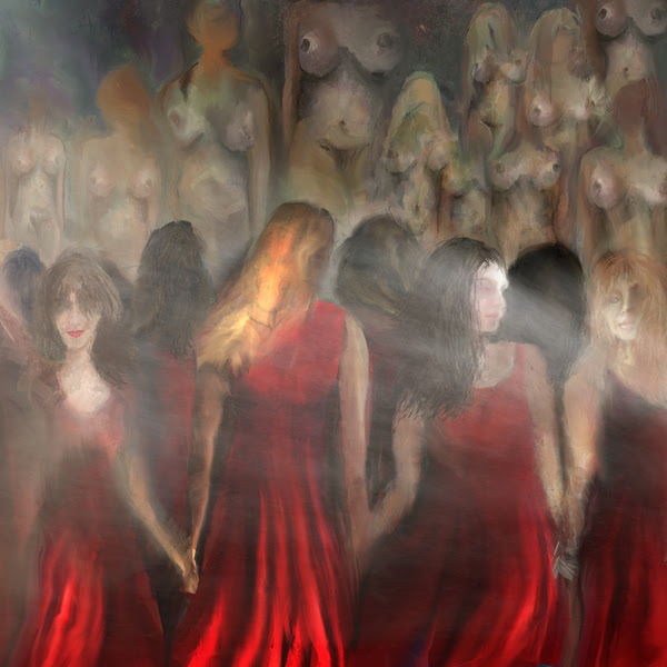 Pochette de l'album Les Mots représentant des femmes en robe rouge dessinées à l'aquarelle